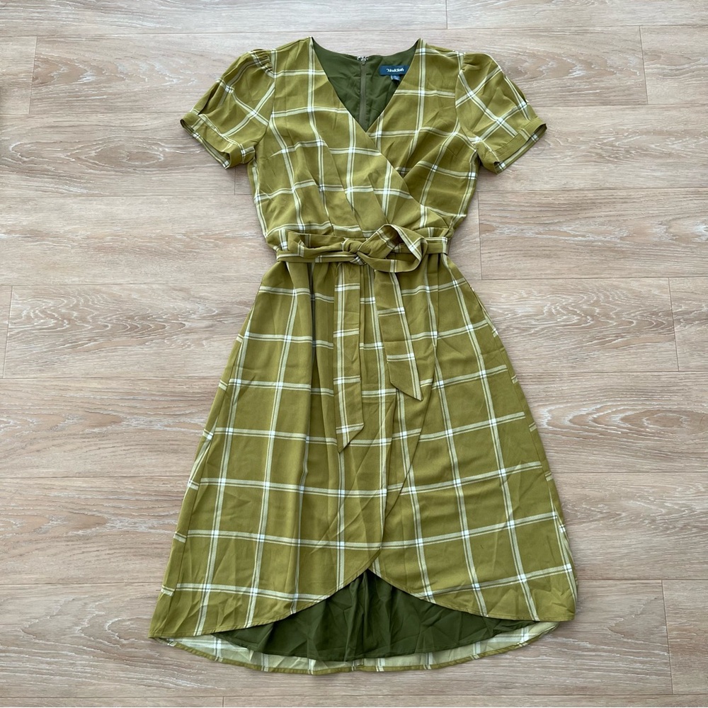 NWT ModCloth olive green plaid faux wrap dress